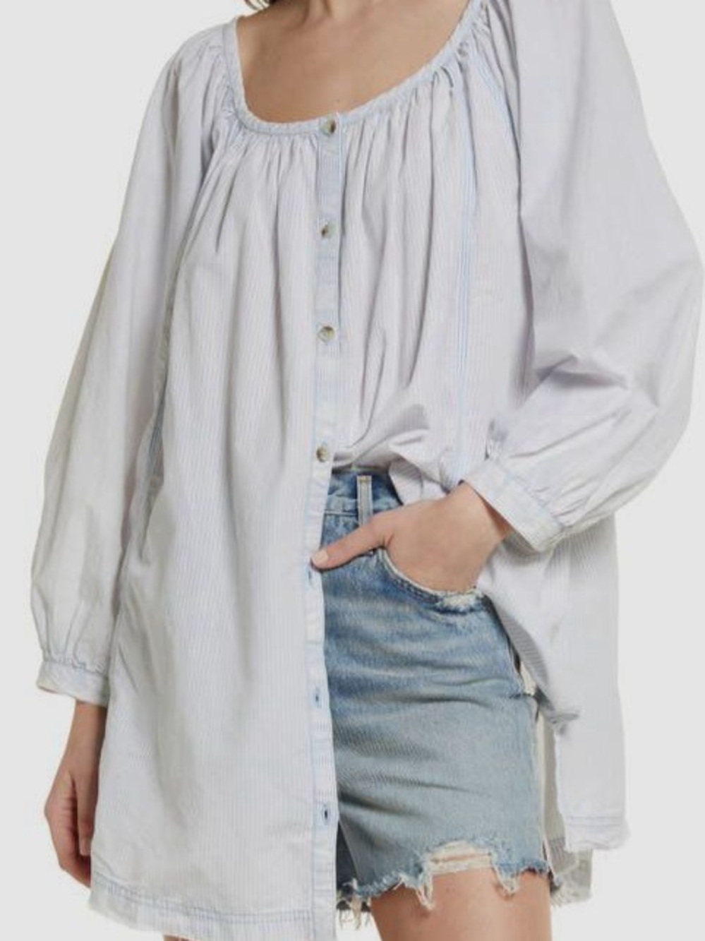 We The Free Free People Oxford Swing Tunic Blue Striped Oversized Peasant Sz Lg